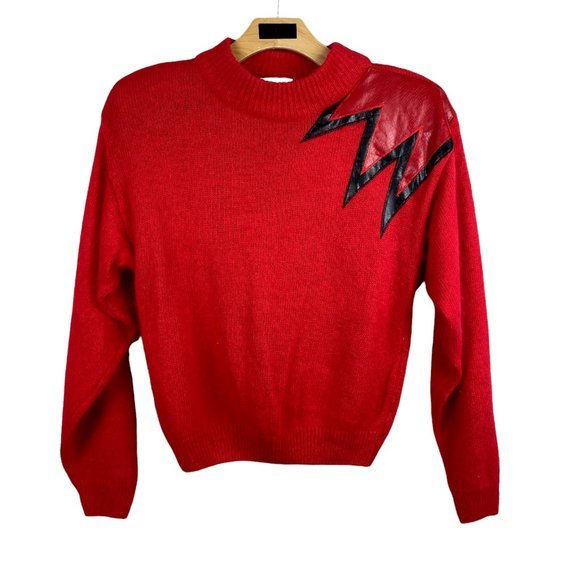 David Benjamin DB Sport Sweater L Red Silk Angora Knit Faux Leather Long‎ Sleeve - Picture 1 of 9